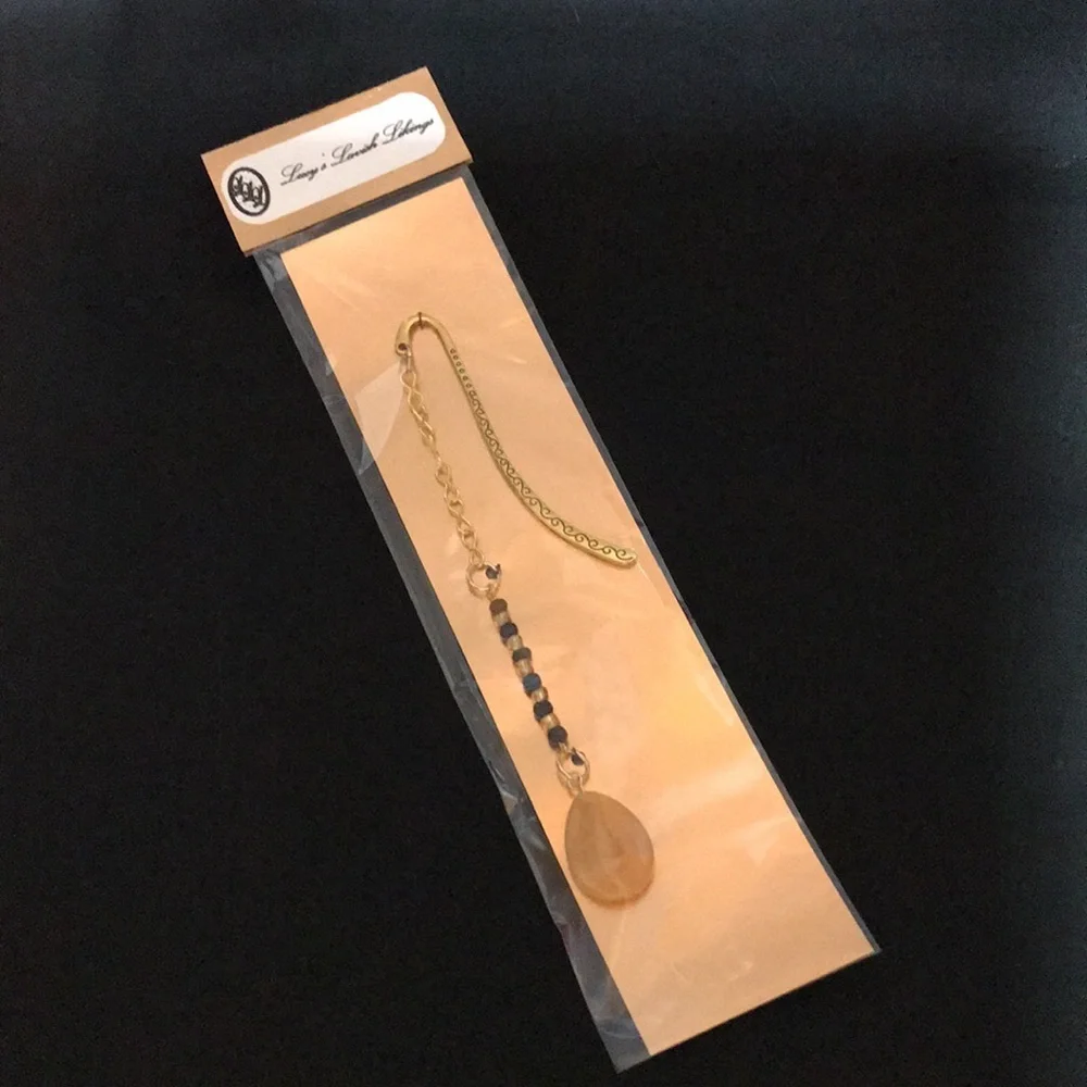 Goldtone Metal Shepherd’s Hook Bookmark w/Chain, Glass Beads, & Gemstones Beads